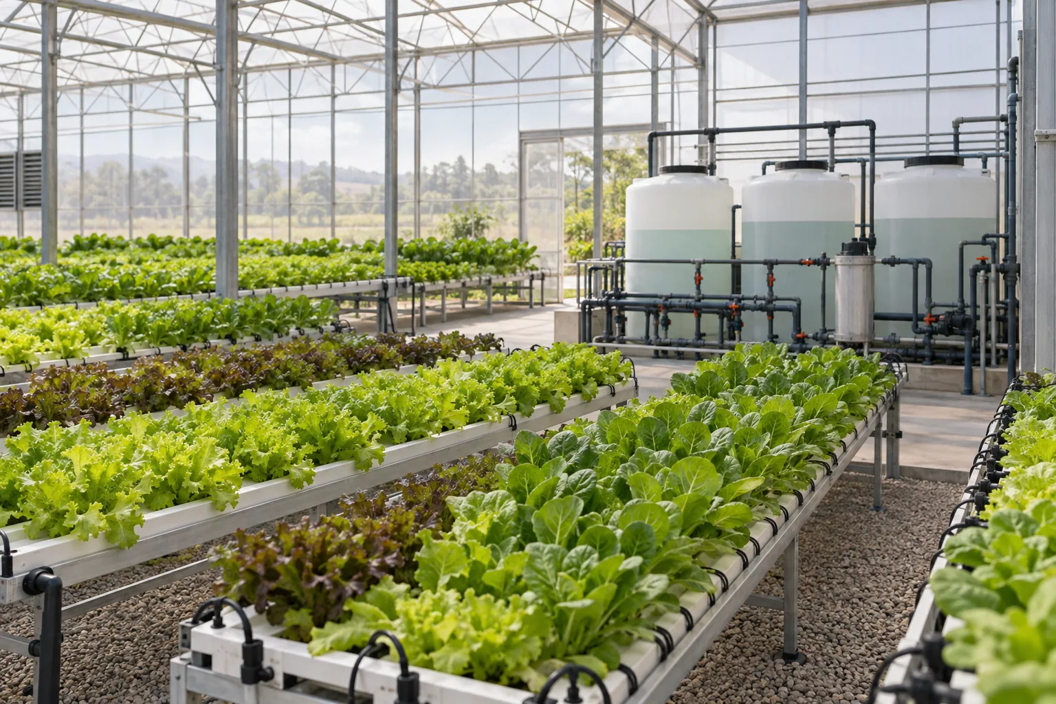 Illustration of greenhouse growing benches beside tanks and irrigation pipework