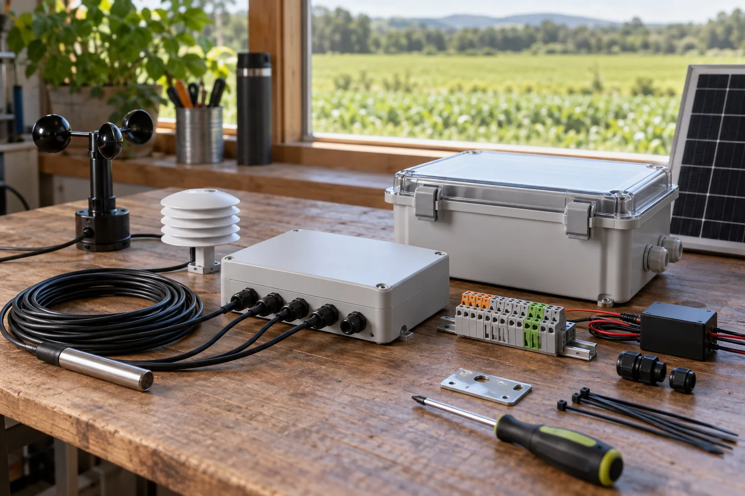 Illustration of field probes, a logger enclosure and wiring parts prepared for a setup review