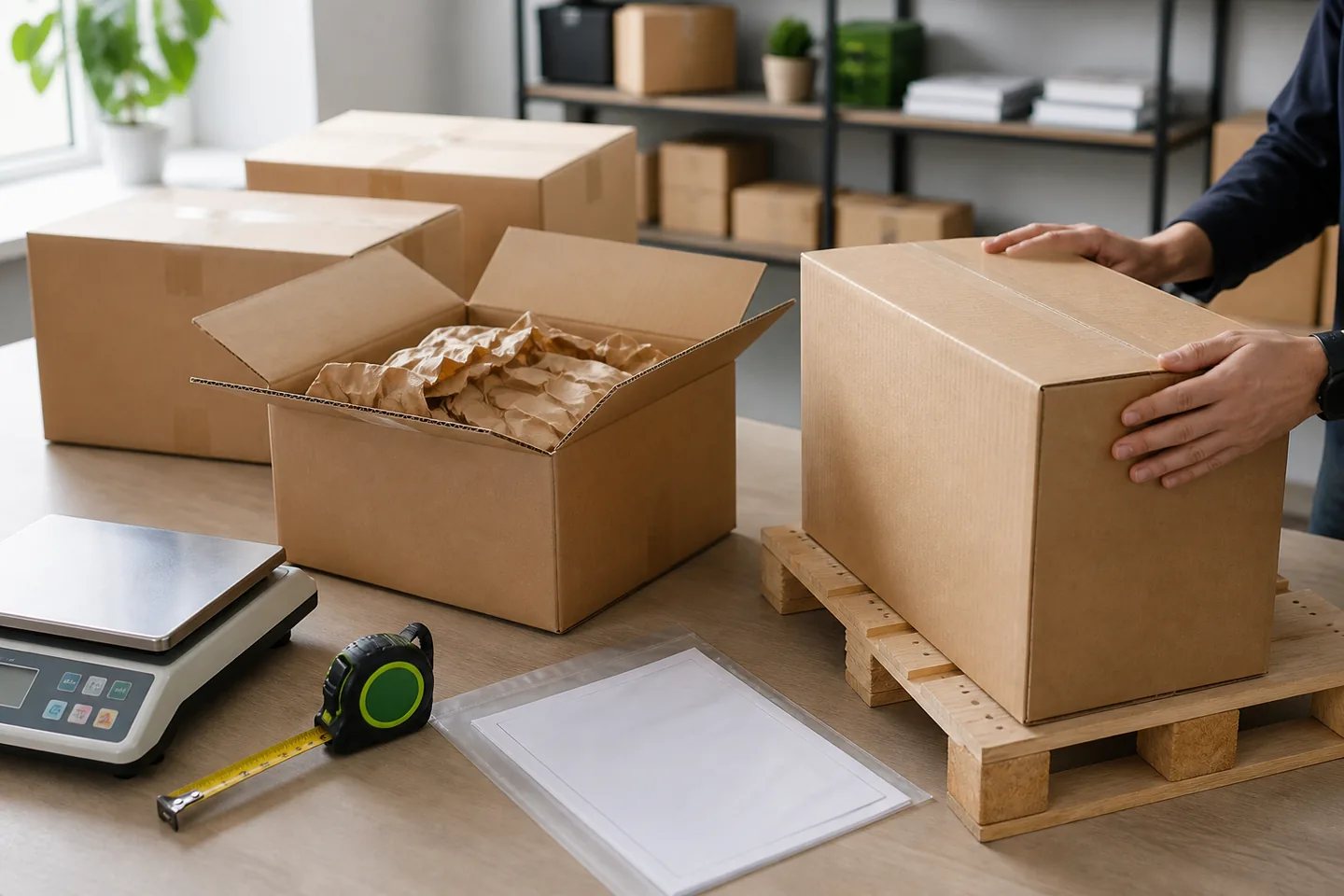 Unbranded export cartons, packing materials and shipment documents prepared for handoff