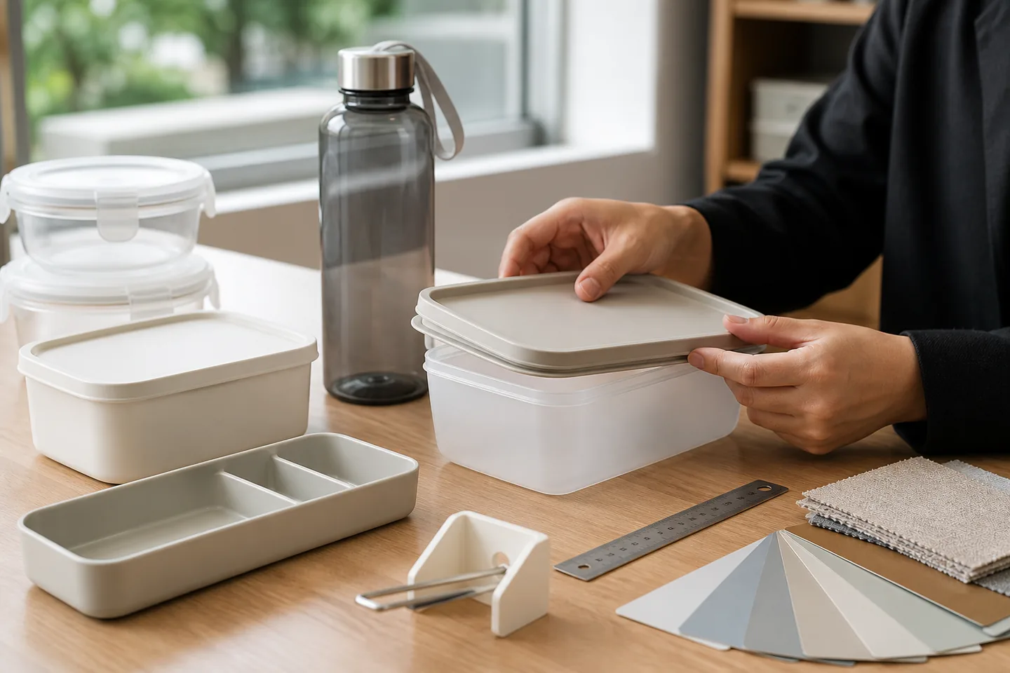 Household container fit and material finishes reviewed on a sourcing table