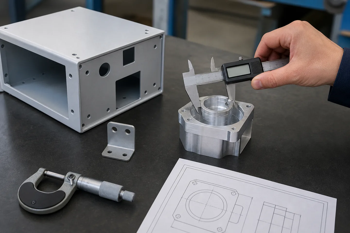 Machined component dimensions checked with a caliper and micrometer