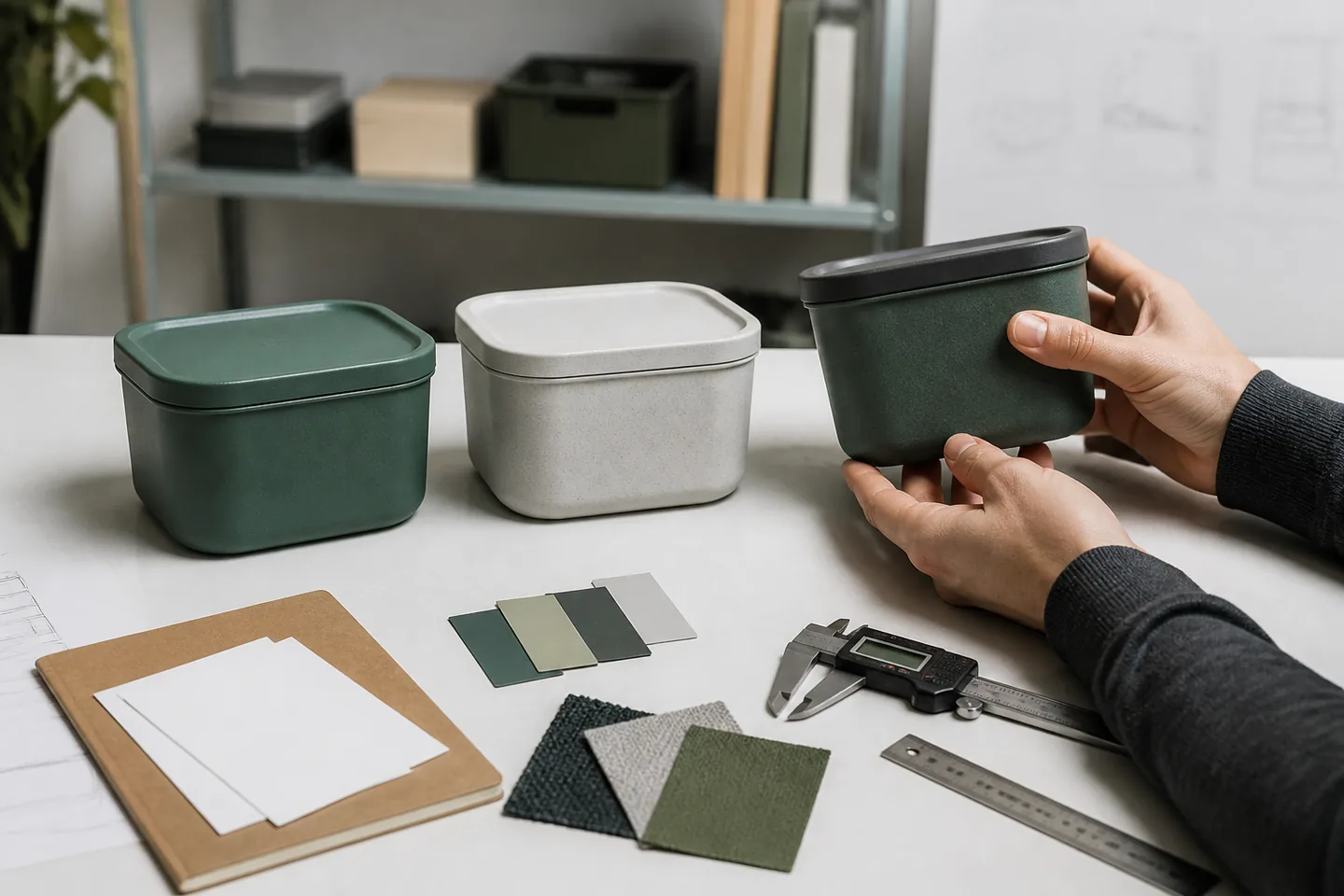 Three unbranded sample variations being compared with swatches and measuring tools